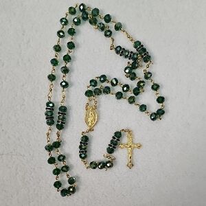 Gold-Tone Emerald Green Rosary Necklace with Cross